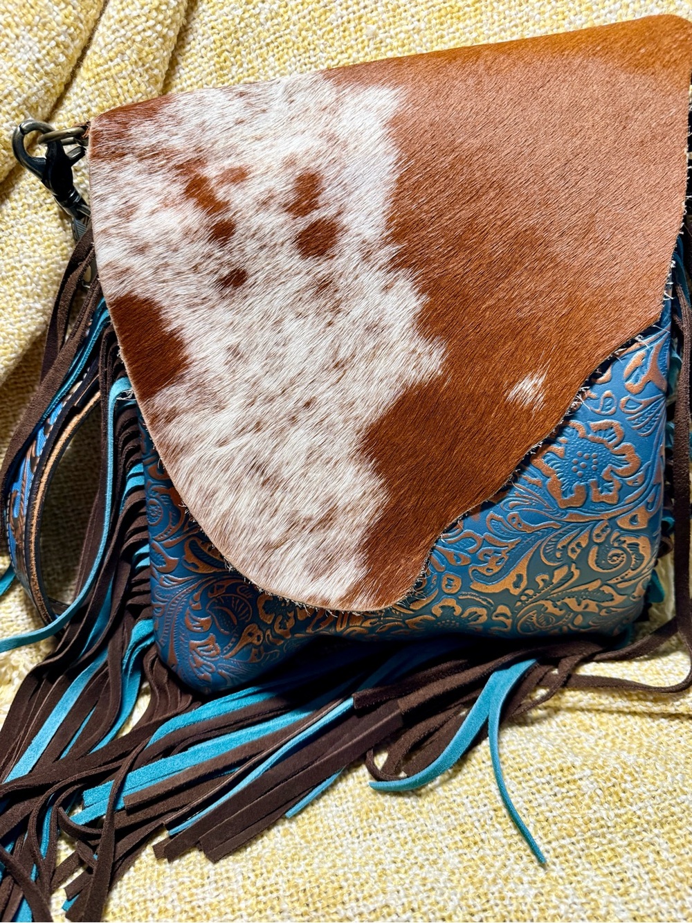 Myra Turquoise Tooled Leather & Hair-on Hide Fringe Crossbody Bag- 🔥 - Picture 2 of 5